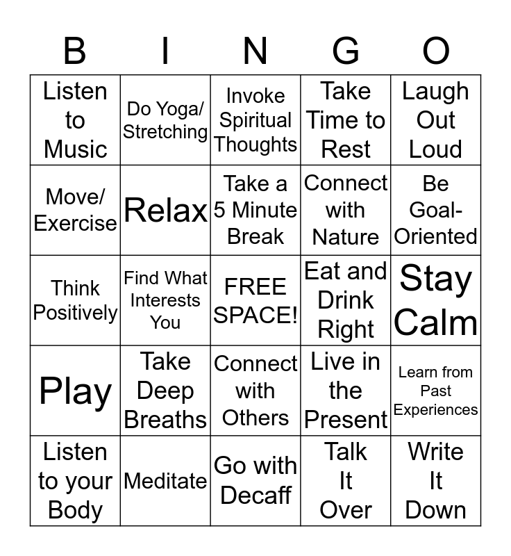 BINGO for Healing Stress, Anxiety and Depression Bingo Card