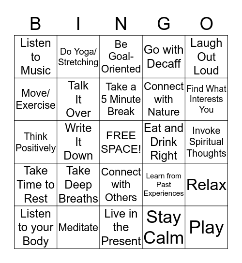 BINGO for Healing Stress, Anxiety and Depression Bingo Card