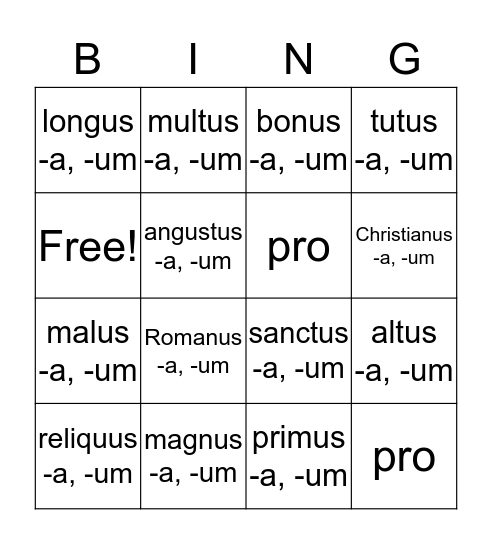 Week 10 Latin Bingo Card