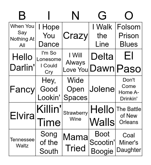 COUNTRY MUSIC BINGO Card