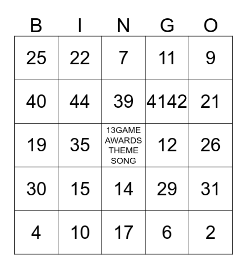 The Game Awards BINGO Card