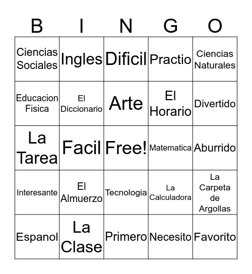 Espanol Bingo Card