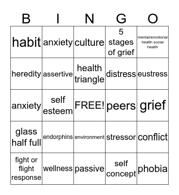 Mental, Emotional and Social Health Bingo Card