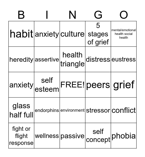 Mental, Emotional and Social Health Bingo Card