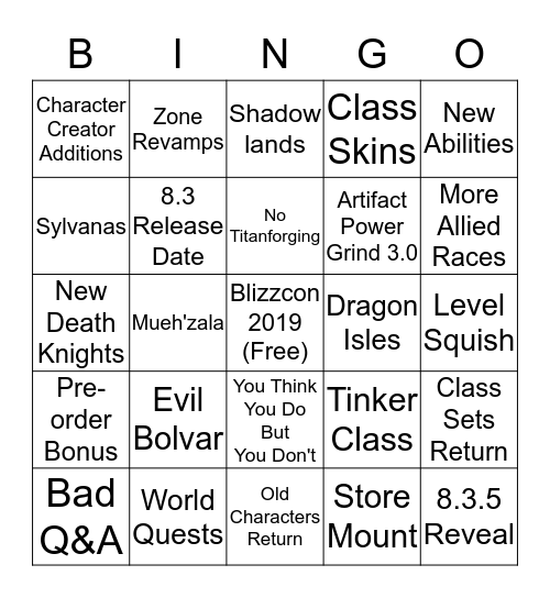 Blizzcon 2019 WoW Bingo Card