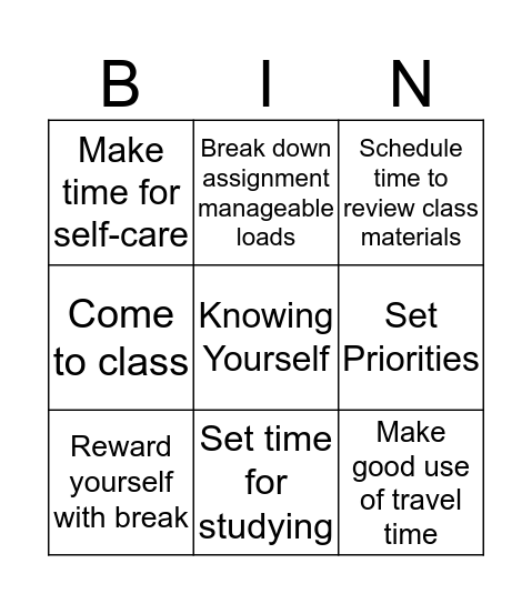 Time Management Strategies Bingo Card