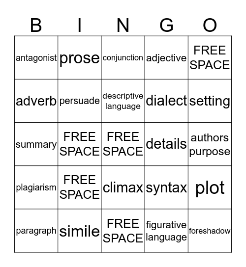 Vocabulary BINGO Card