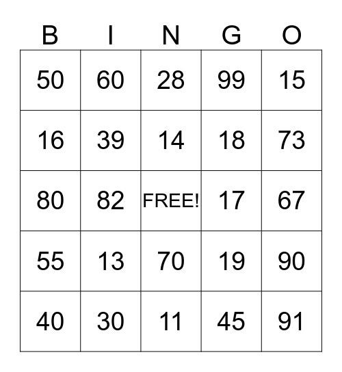 Number BINGO Card