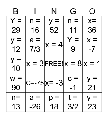 ALGEBRA BINGO Card