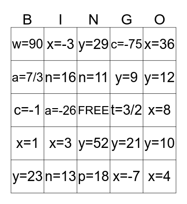 ALGEBRA BINGO Card