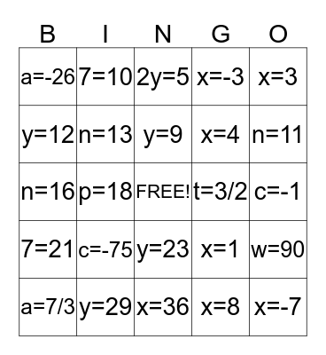 ALGEBRA BINGO Card