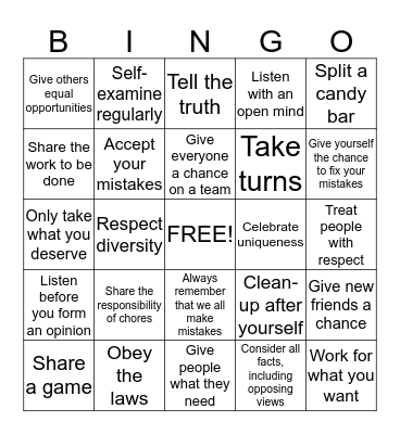 Fairness Bingo Card