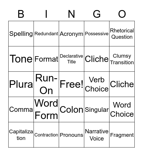 Vocabulary Bingo Card