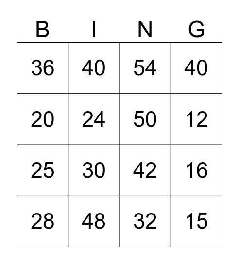 Times Table Bingo Card