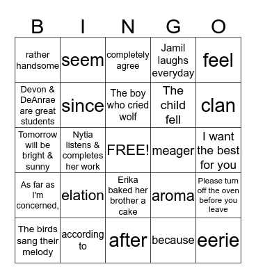 Parts of Speech Bingo Card