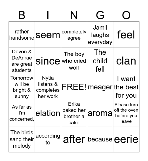 Parts of Speech Bingo Card