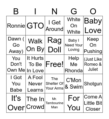 60 Hits Part I Bingo Card