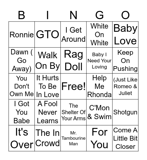 60 Hits Part I Bingo Card
