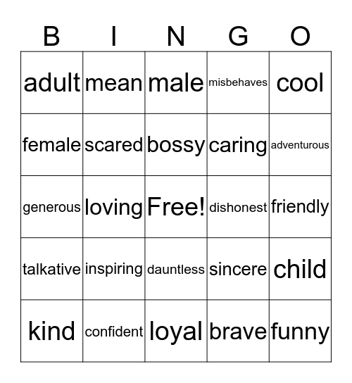 Character Traits Bingo Card
