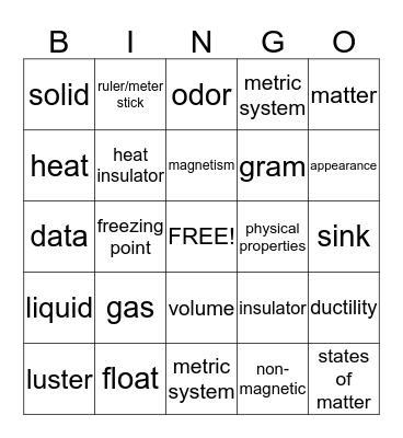 PHYSICAL PROPERTIES OF MATTER Bingo Card