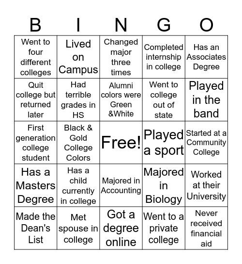 College Month Bingo Card