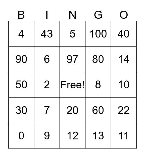 Numbers 0-100 Bingo Card