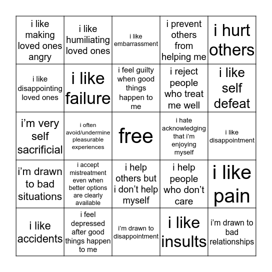 self defeating personality disorder Bingo Card