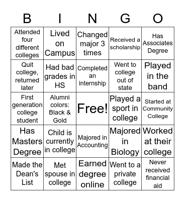 College Month Bingo Card