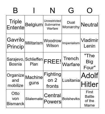 WWI Bingo Card