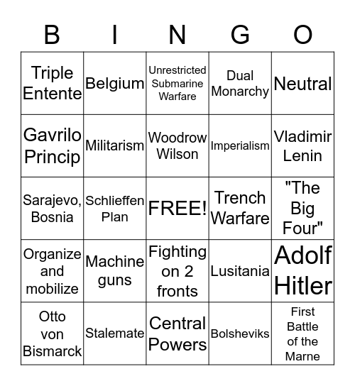 WWI Bingo Card