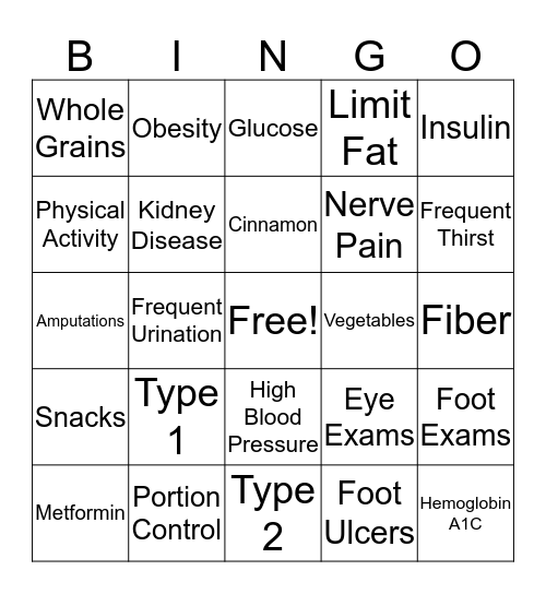 Diabetes Bingo  Bingo Card