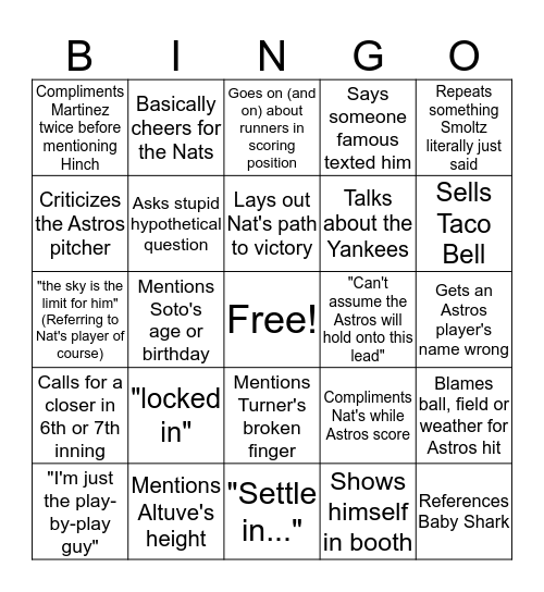 Joe Buck Bingo Card