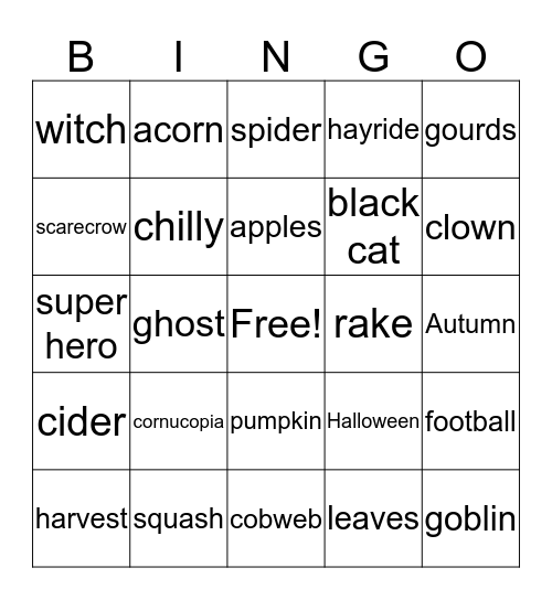 Harvest Bingo Card