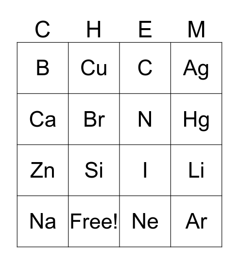 Periodic Table Bingo Card