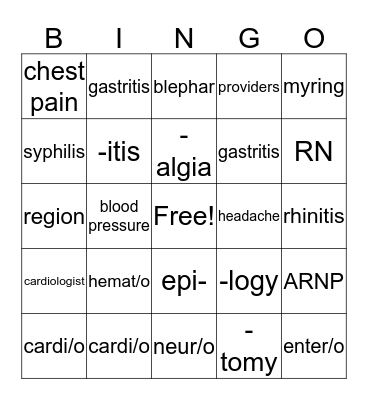 Medical Terminology Bingo Card