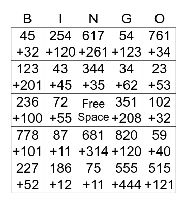 Three Digit Addition Bingo  Bingo Card