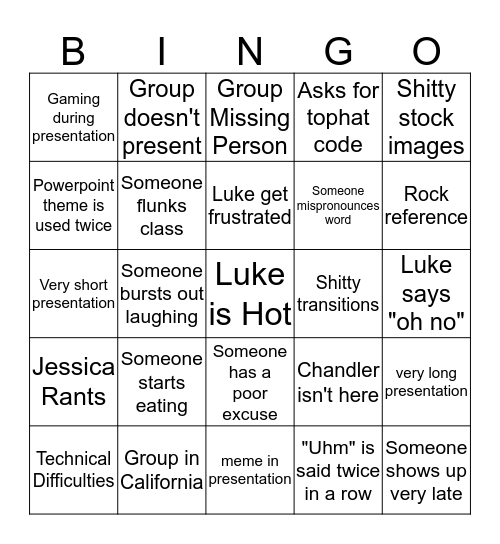 Luke's Class Bingo Card