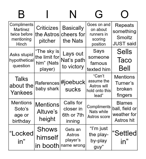 Joe Buck Bingo! Bingo Card