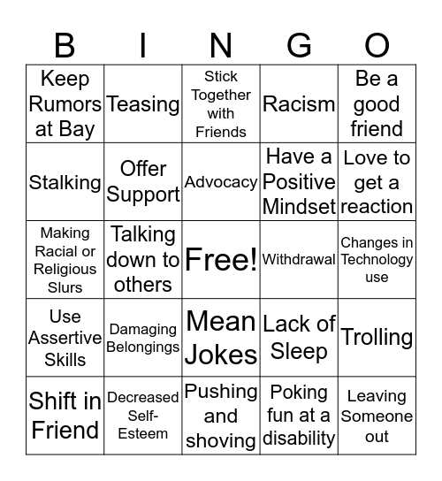 Bully Prevention Bingo Card