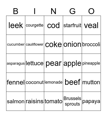 Unit 15 - Food Bingo Card