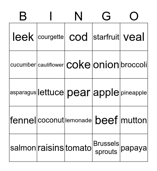 Unit 15 - Food Bingo Card