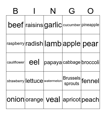 Unit 15 - Food Bingo Card