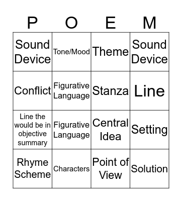 Poetry Analysis Bingo Card