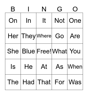 Sight Words Bingo Card