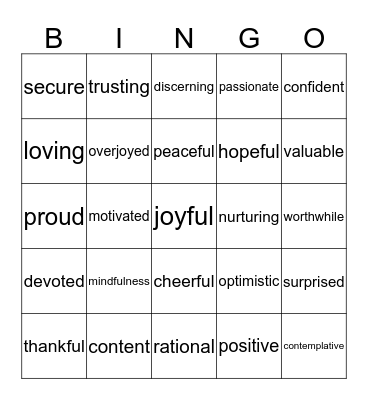 Emotional Health Bingo Card