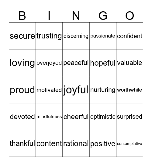 Emotional Health Bingo Card
