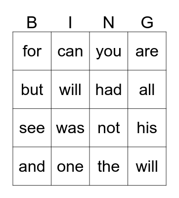 Kinder. Sight Words Bingo Card
