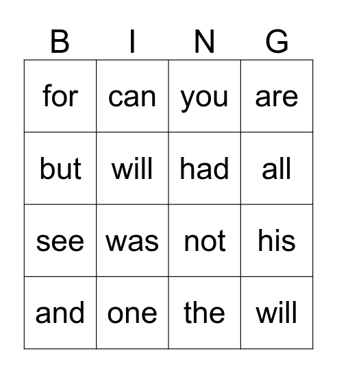 Kinder. Sight Words Bingo Card