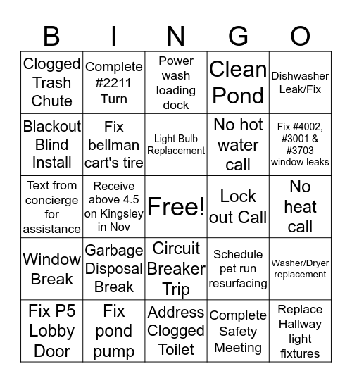 Maintenance Bingo November Bingo Card