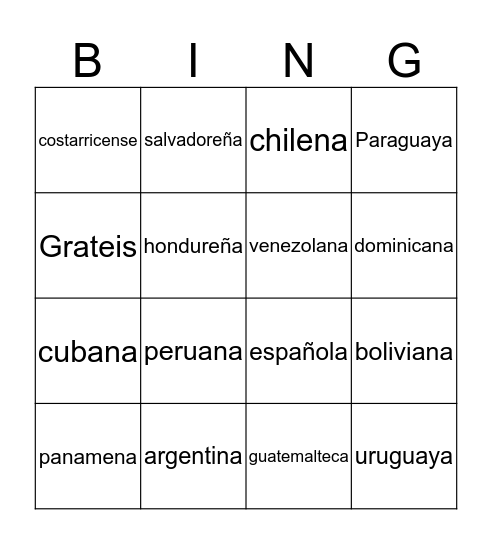 Capitals Bingo Card